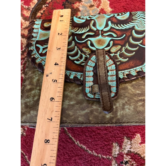 PATRICIA NASH SAVINI TOOLED BOHO COWGIRL TURQUOISE LEATHER BAG PURSE - Picture 4 of 11